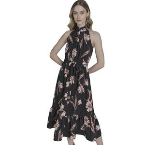 Falling Flowers Floral Halter Midi Dress Women's Large Black Belted‎ NWT